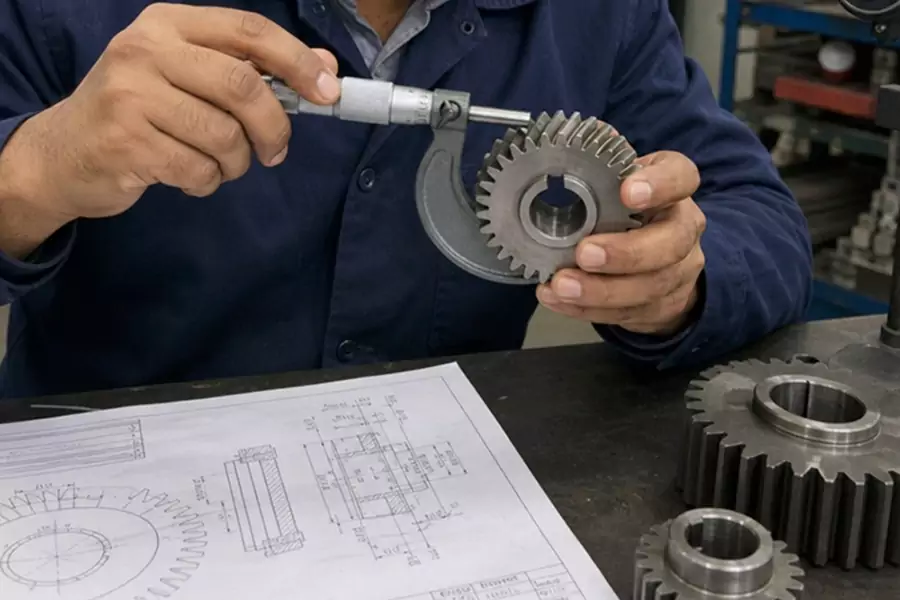 Factory technician inspecting an industrial gearbox during quality control to ensure precision assembly, smooth operation, and reliable performance before shipment.