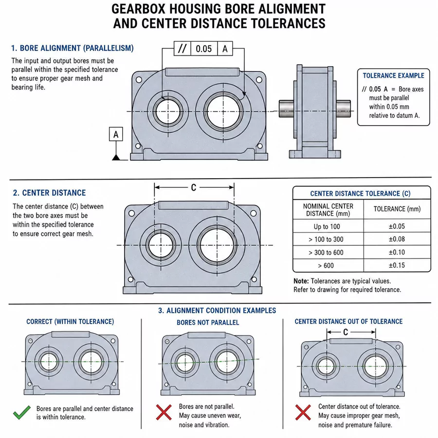 Illustration of gearbox housing bore alignment and center distance tolerances, showing different alignment conditions and dimensional tolerance examples for precision gearbox manufacturing.