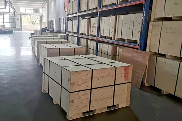 Packaged gearboxes stacked on pallets, ready for delivery and shipment