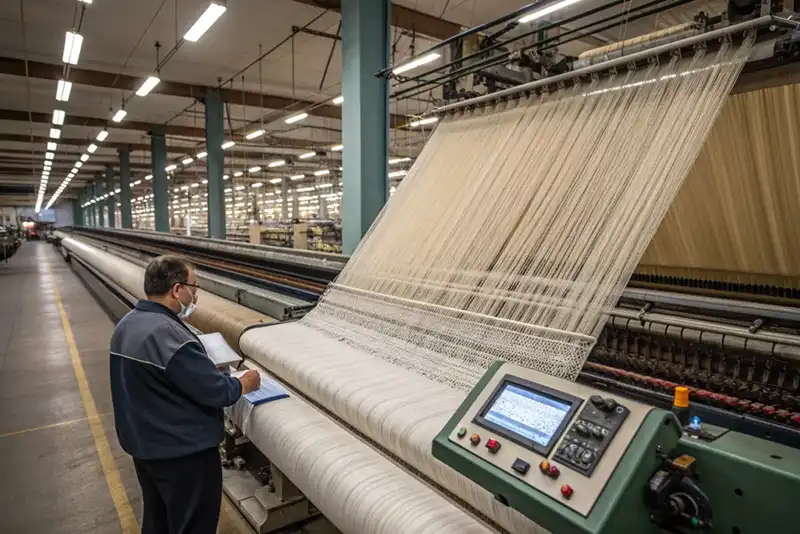Industrial Jacquard Loom operating in textile factory for patterned fabric production