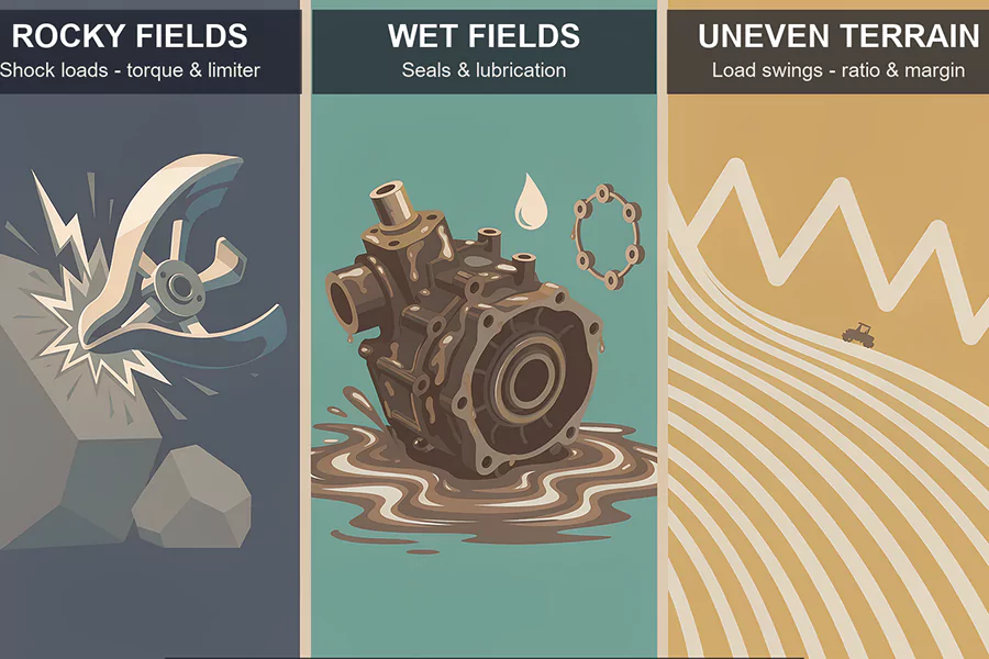 The picture shows the use of the gearbox in rocky areas, wetlands and rough terrains.