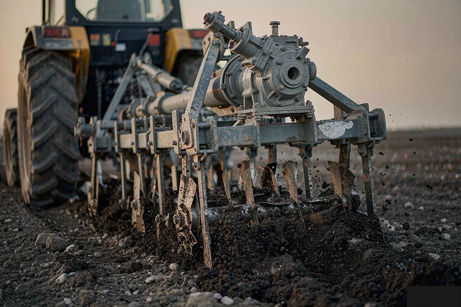 The picture shows the agricultural machinery working in the soil filled with gravel.
