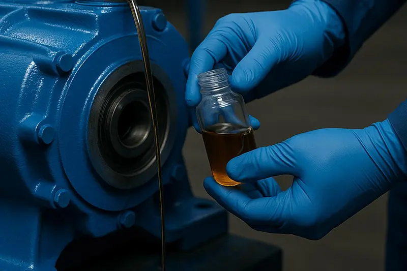 Technician checking gearbox lubricating oil during maintenance